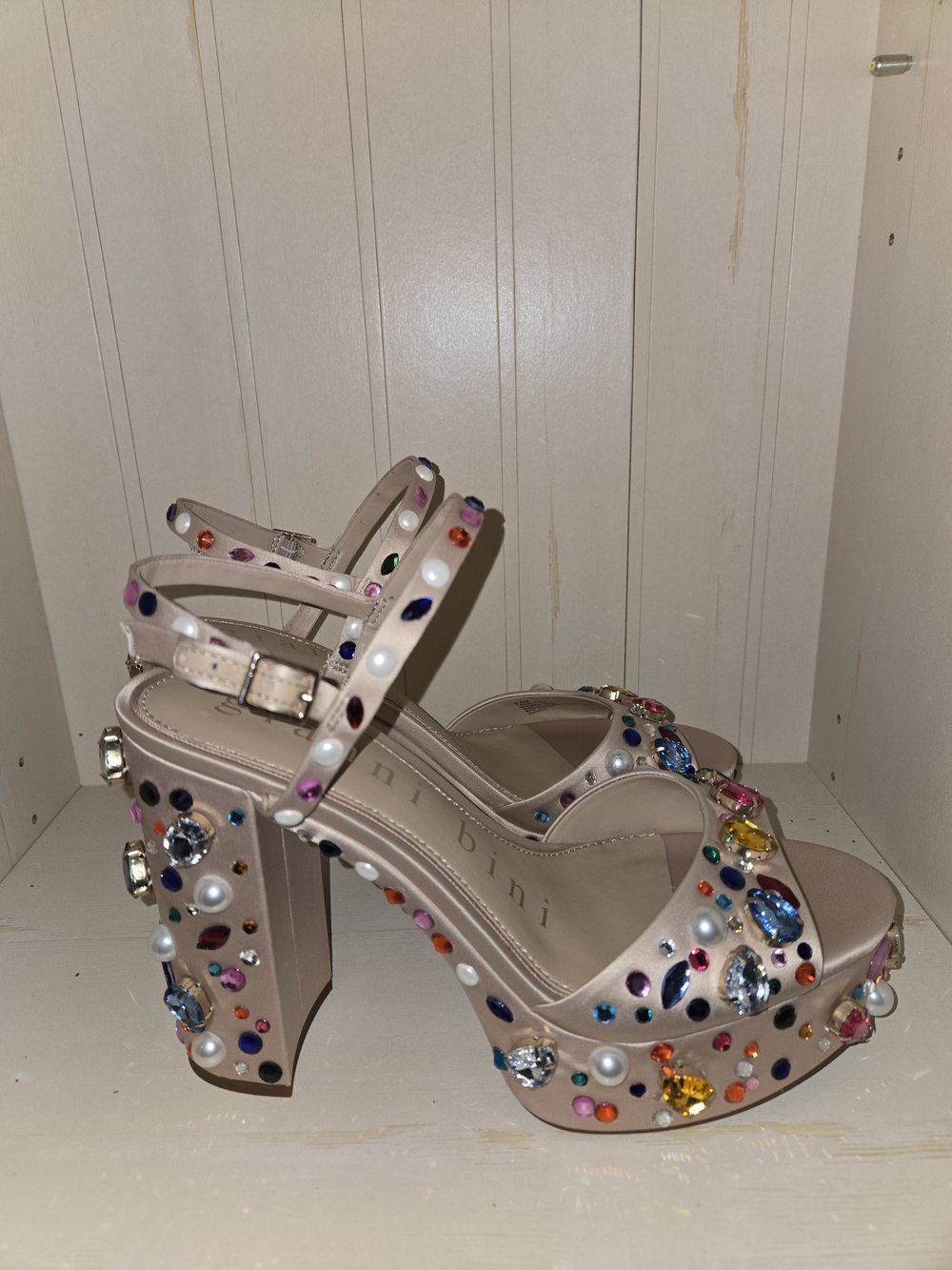 Gianni Bini Nude/Beige Jeweled Platform Heels